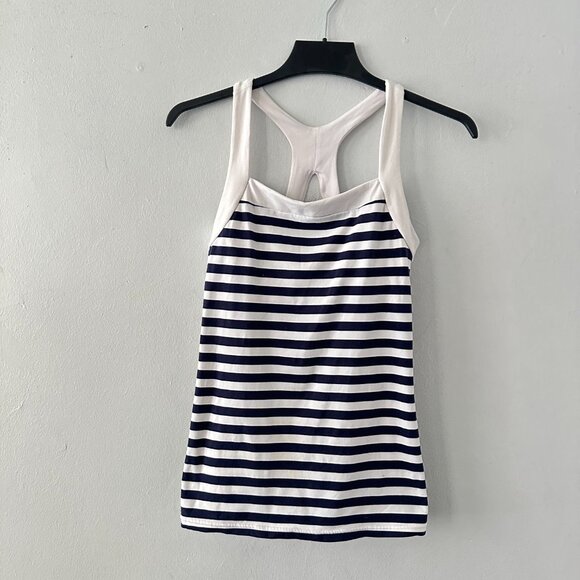 GapFit Navy & White Striped Racerback Tank Top Built-In Bra Womens S Yoga - Picture 2 of 6